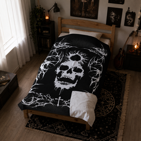Gothic skull velveteen plush blanket in black and white – dark aesthetic home decor | NekoStyleStudio