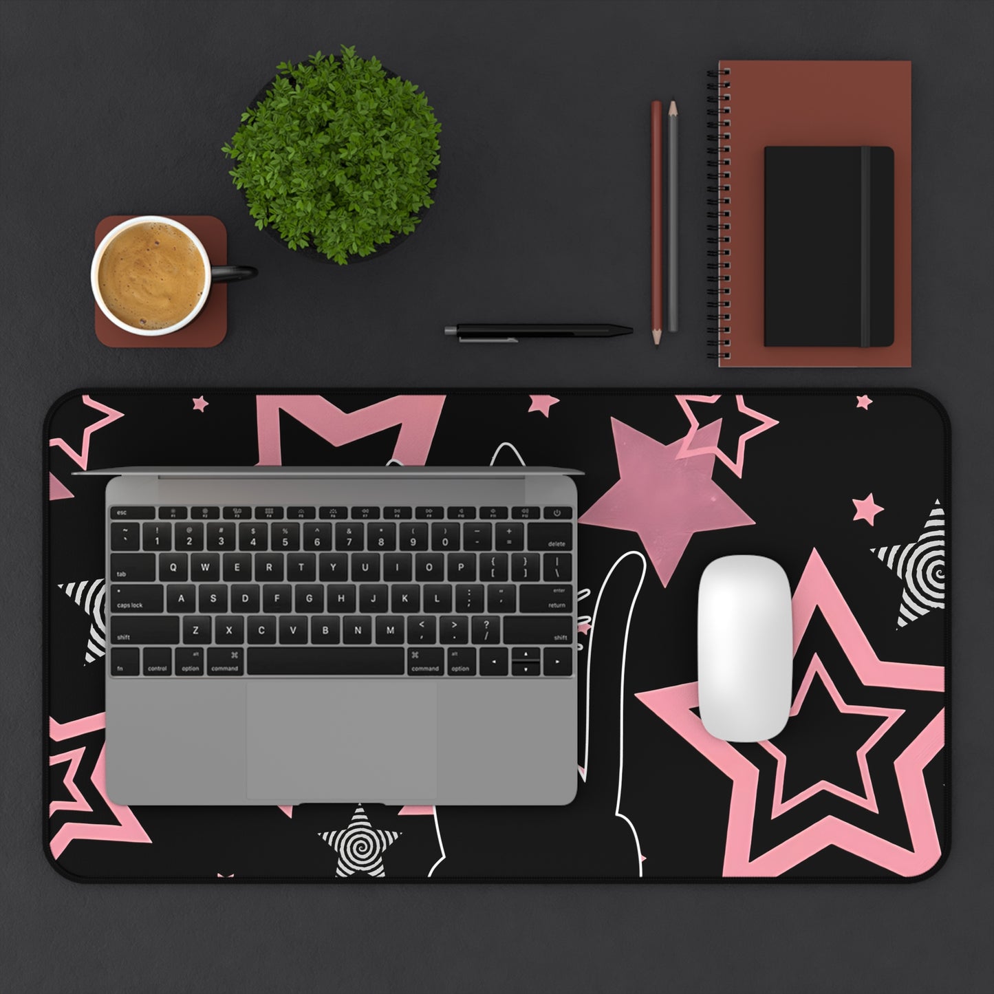 Kawaii Black Cat Mousepad - Pink Stars Retro Spiral Gaming Mat