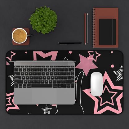 Kawaii Black Cat Mousepad - Pink Stars Retro Spiral Gaming Mat