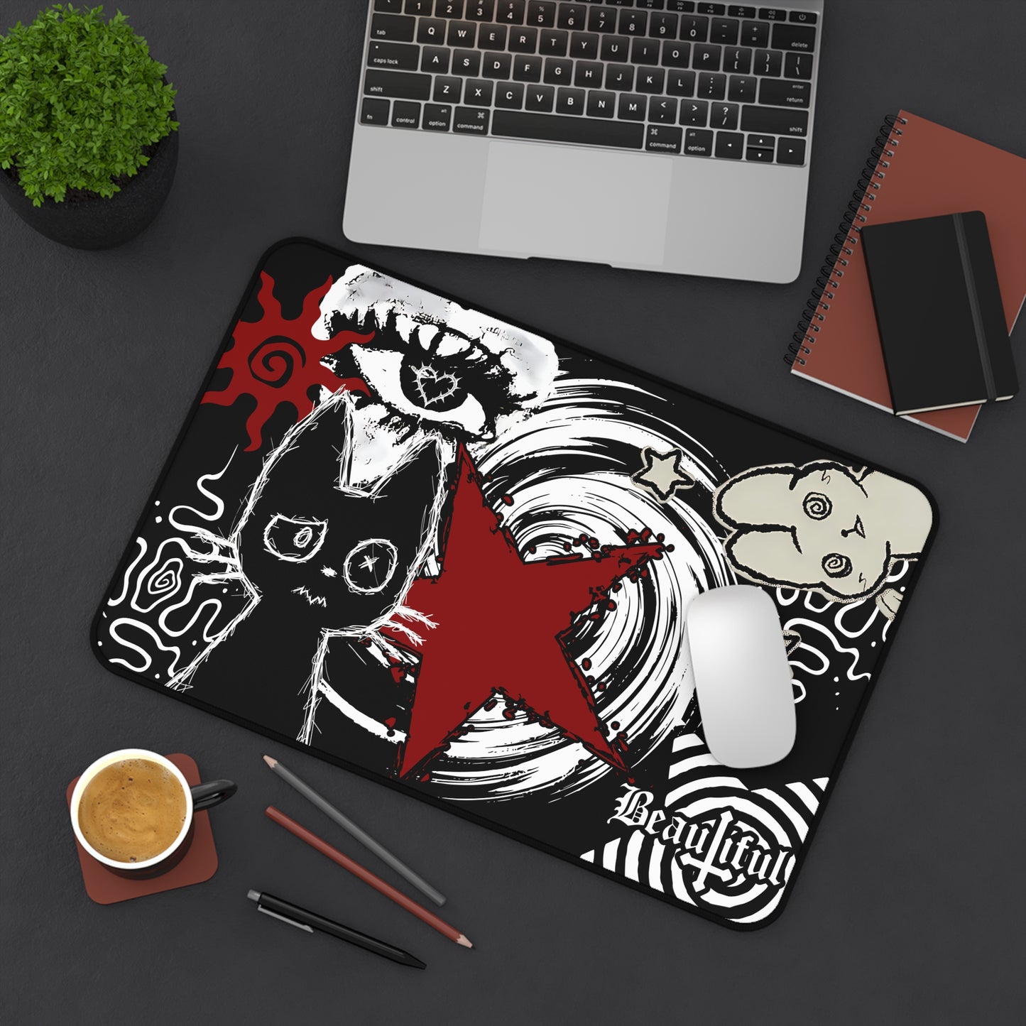 Dark Punk Cat Mousepad - Grunge Red Star Gaming Mat