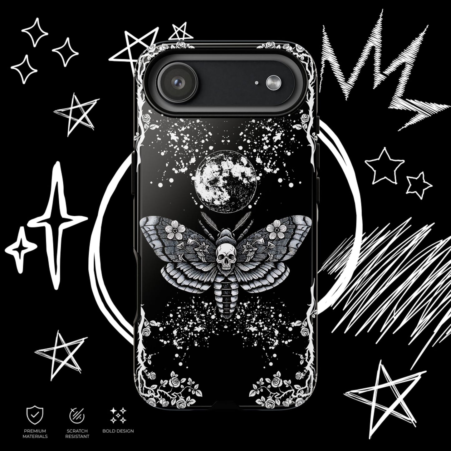 Gothic Moth Phone Case | Skull Butterfly Moon Cover | NekoStyleStudio