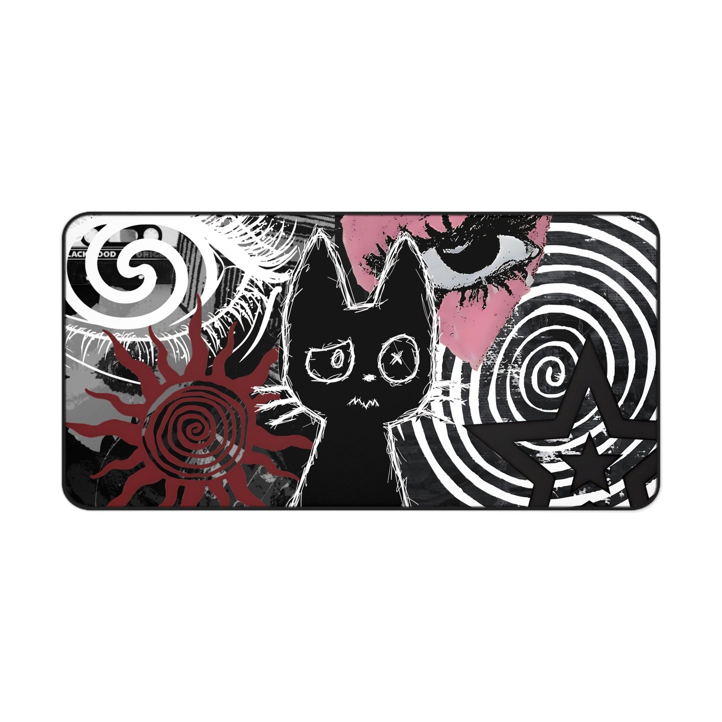 Dark Punk Cat Desk Mat Grunge Cat Mouse Pad Alt Aesthetic Desk Mat with Scribble Art, Spiral Eyes, Gothic Dark Gamer Gift Indie Setup