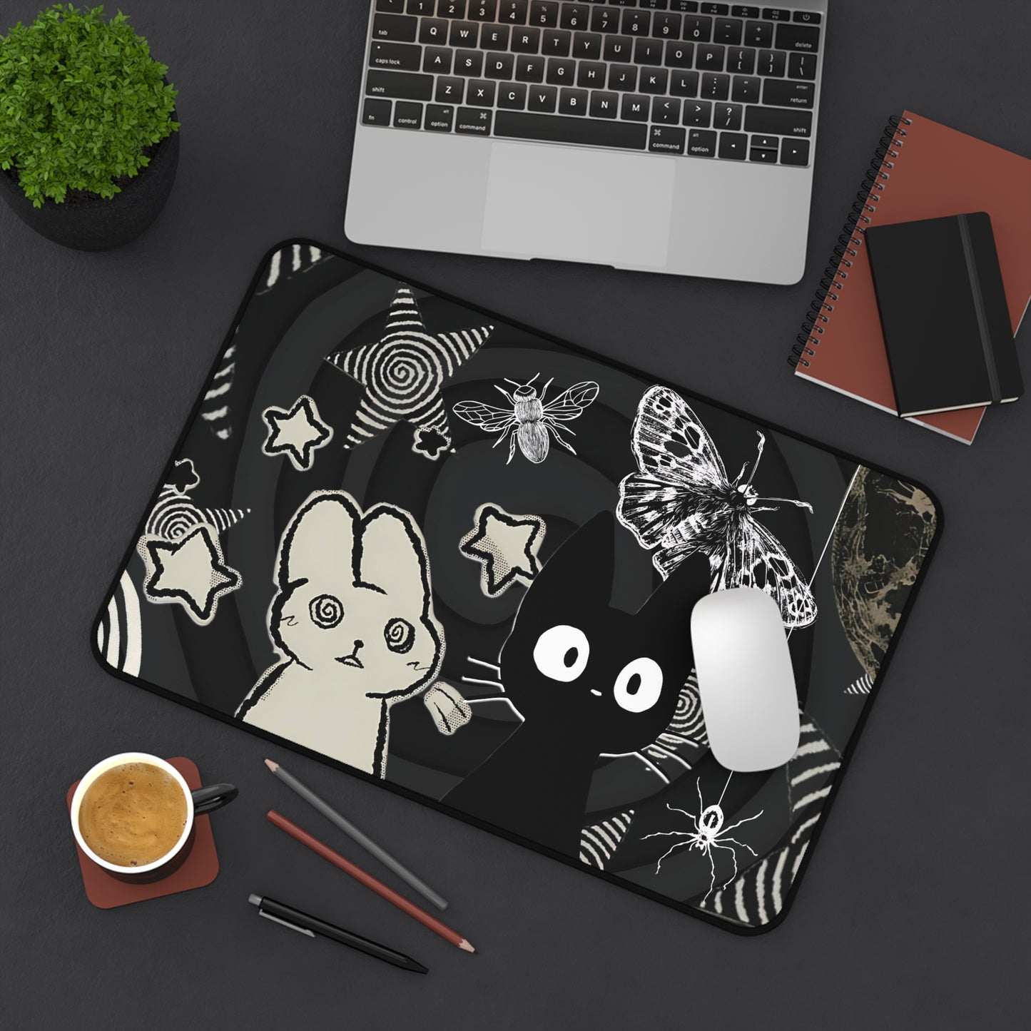 Kawaii Gothic Mouse Pad - Creepy Cute Bunny & Cat XL Gaming Desk Mat