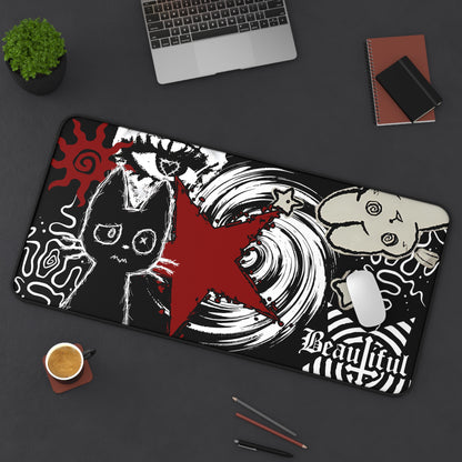 Dark Punk Cat Mousepad - Grunge Red Star Gaming Mat