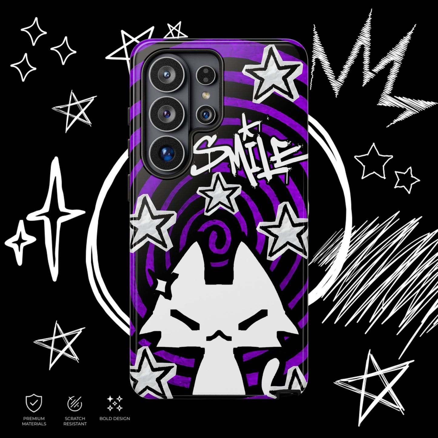 Dark Punk Phone Case | Purple Graffiti Kawaii Cat | NekoStyleStudio