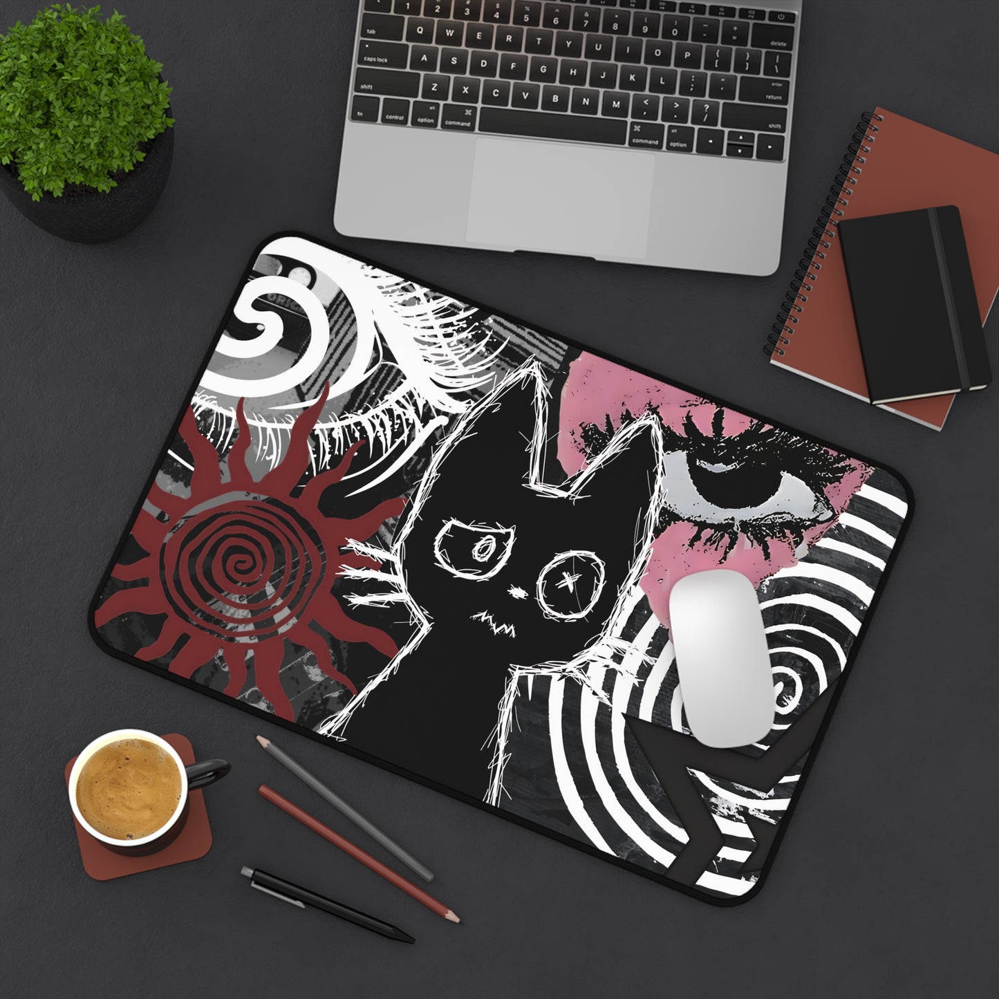 Dark Punk Cat Desk Mat Grunge Cat Mouse Pad Alt Aesthetic Desk Mat with Scribble Art, Spiral Eyes, Gothic Dark Gamer Gift Indie Setup