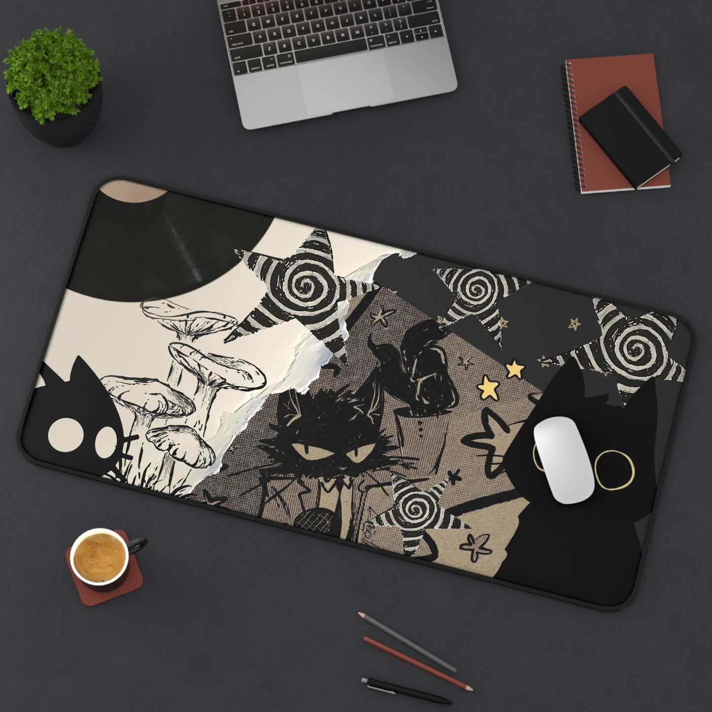 Grunge Cat Mouse Pad Black Cat Collage Desk Mat with Vinyl Record, Mushrooms &amp; Stars Aesthetic Desk Decor for Gamers and Artists Gift