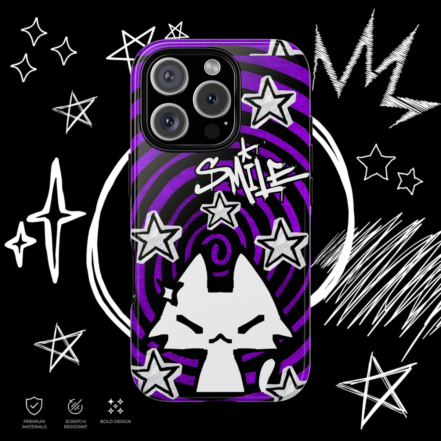 Dark Punk Phone Case | Purple Graffiti Kawaii Cat | NekoStyleStudio