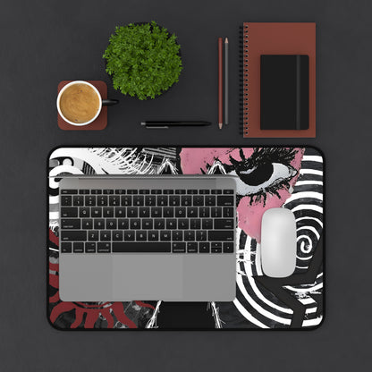 Dark Punk Cat Desk Mat Grunge Cat Mouse Pad Alt Aesthetic Desk Mat with Scribble Art, Spiral Eyes, Gothic Dark Gamer Gift Indie Setup