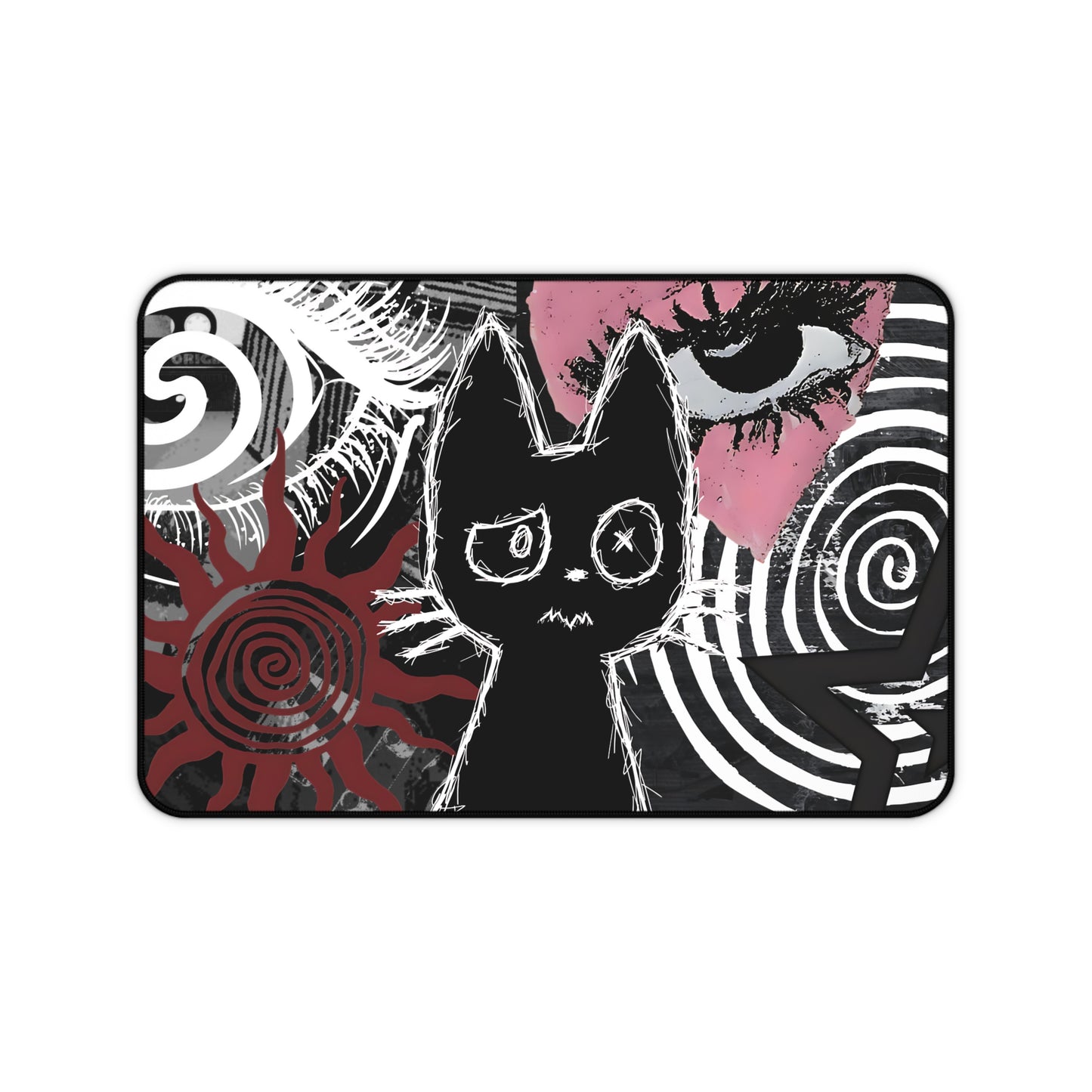 Dark Punk Cat Desk Mat Grunge Cat Mouse Pad Alt Aesthetic Desk Mat with Scribble Art, Spiral Eyes, Gothic Dark Gamer Gift Indie Setup