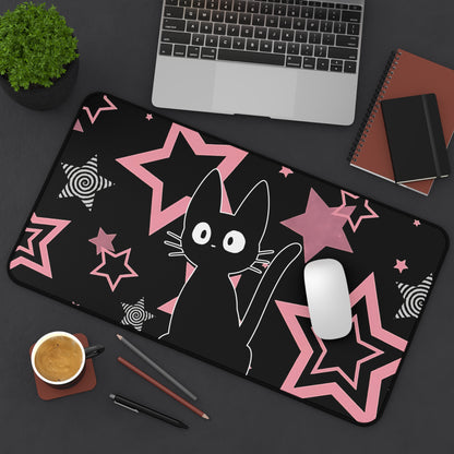 Kawaii Black Cat Mousepad - Pink Stars Retro Spiral Gaming Mat