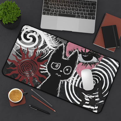 Dark Punk Cat Desk Mat Grunge Cat Mouse Pad Alt Aesthetic Desk Mat with Scribble Art, Spiral Eyes, Gothic Dark Gamer Gift Indie Setup