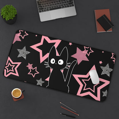 Kawaii Black Cat Mousepad - Pink Stars Retro Spiral Gaming Mat