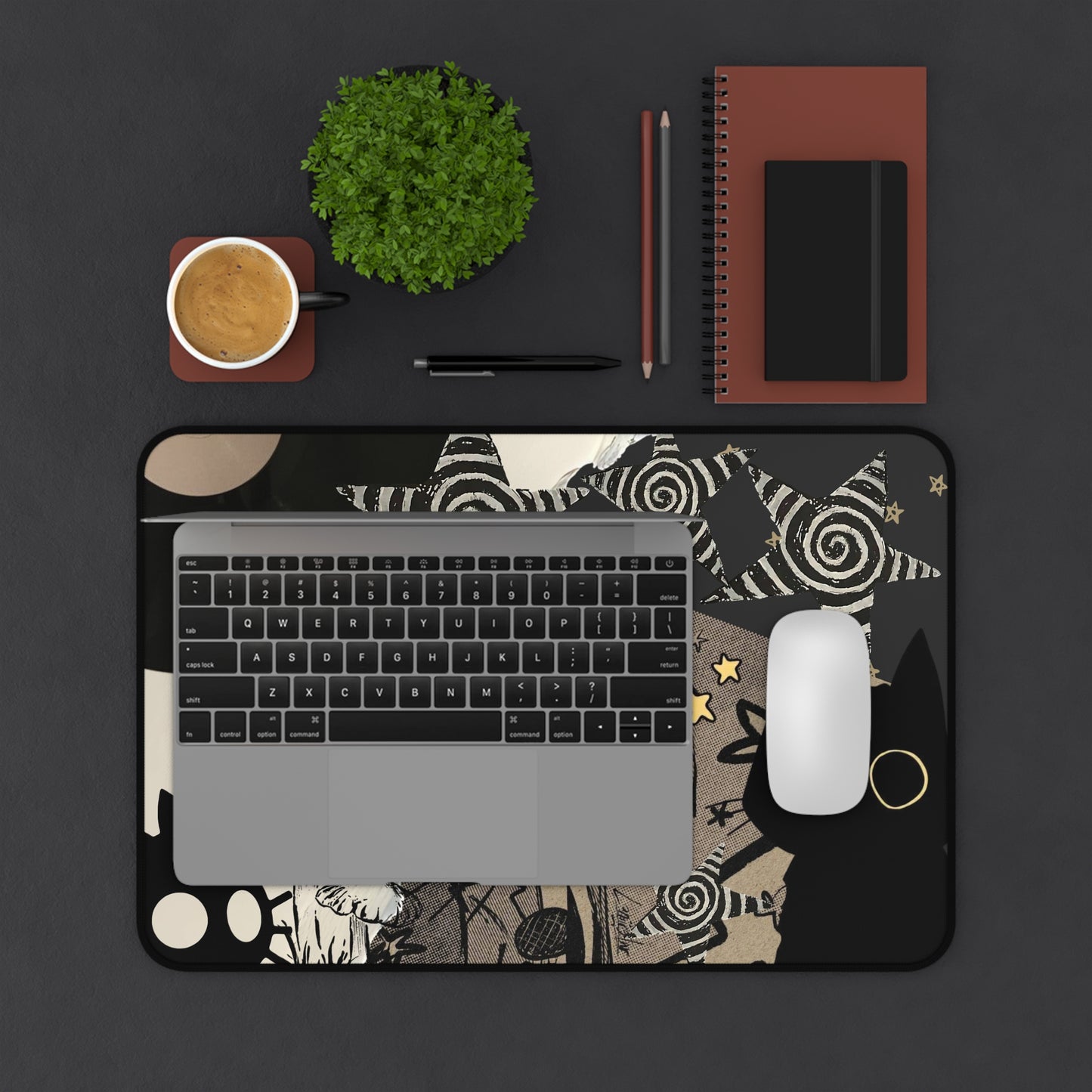 Grunge Cat Mouse Pad Black Cat Collage Desk Mat with Vinyl Record, Mushrooms &amp; Stars Aesthetic Desk Decor for Gamers and Artists Gift