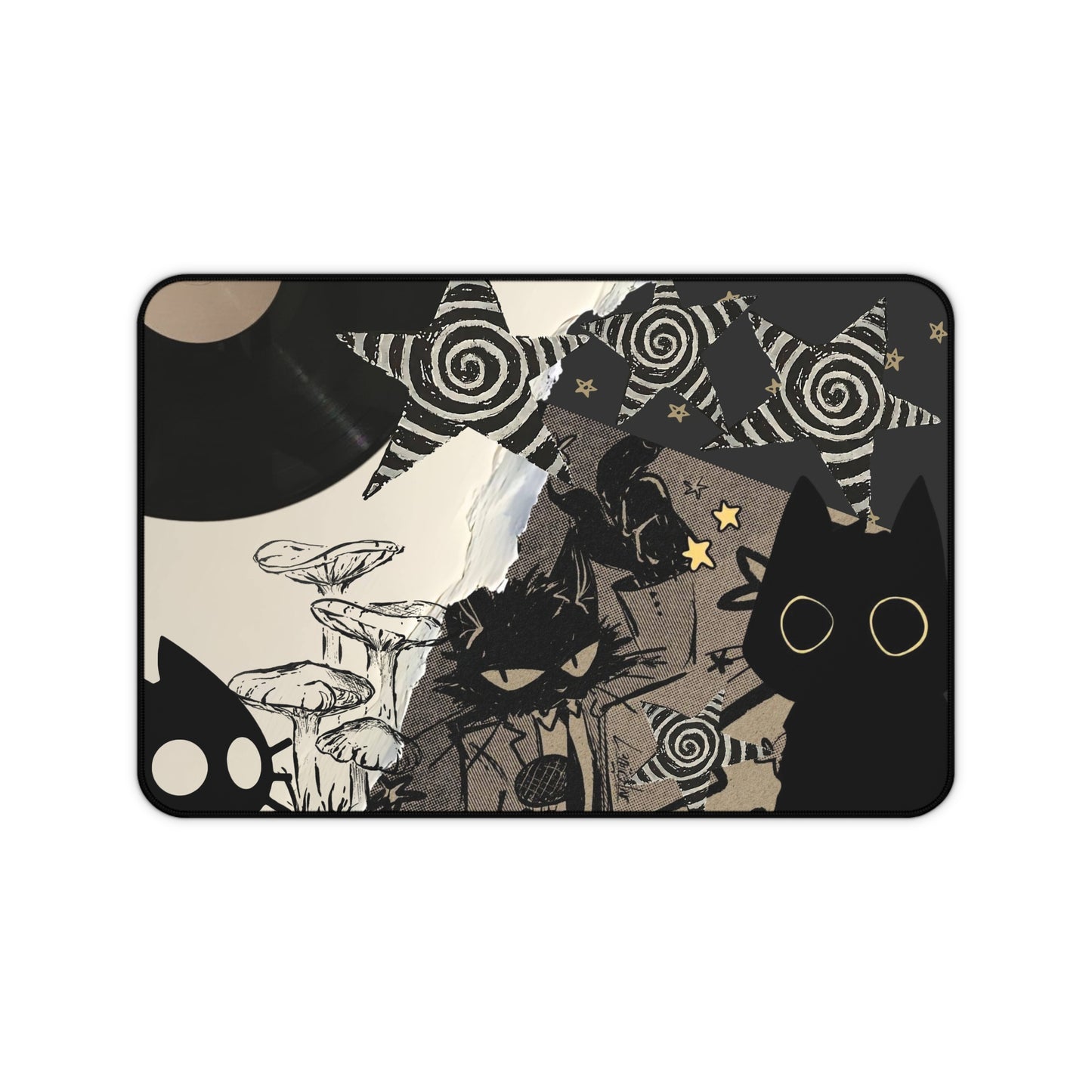 Grunge Cat Mouse Pad Black Cat Collage Desk Mat with Vinyl Record, Mushrooms &amp; Stars Aesthetic Desk Decor for Gamers and Artists Gift