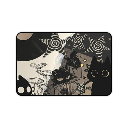 Grunge Cat Mouse Pad Black Cat Collage Desk Mat with Vinyl Record, Mushrooms &amp; Stars Aesthetic Desk Decor for Gamers and Artists Gift