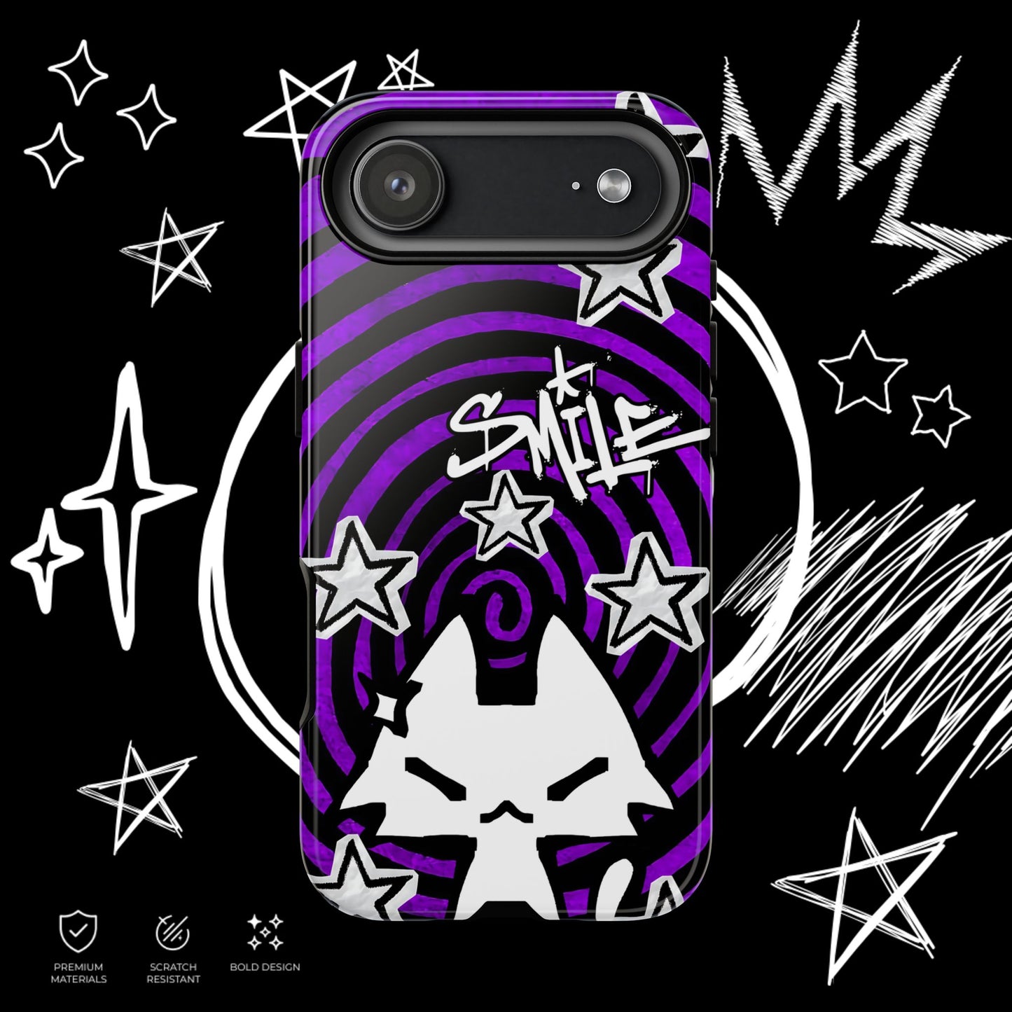 Dark Punk Phone Case | Purple Graffiti Kawaii Cat | NekoStyleStudio