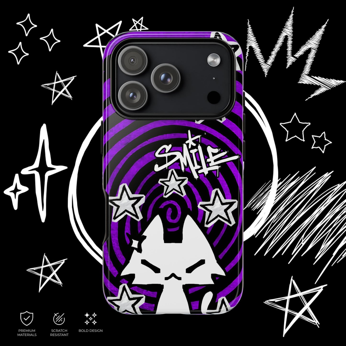 Dark Punk Phone Case | Purple Graffiti Kawaii Cat | NekoStyleStudio