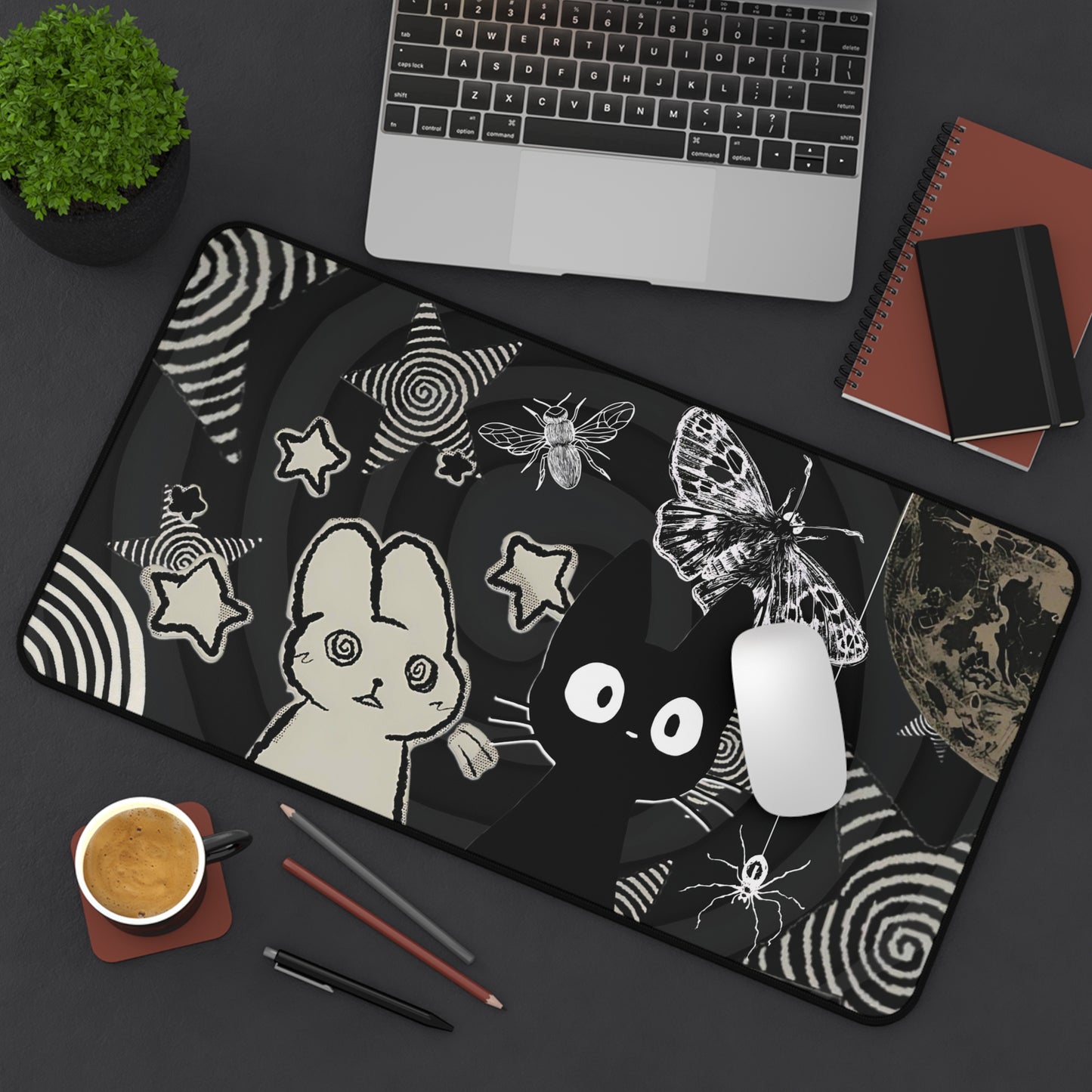 Kawaii Gothic Mouse Pad - Creepy Cute Bunny & Cat XL Gaming Desk Mat