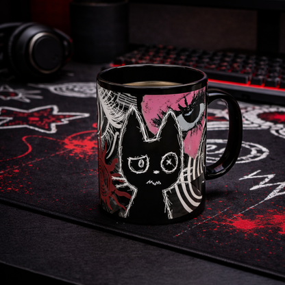 Trippy gothic cat ceramic mug 11oz with hypnotic surreal design, black alt aesthetic coffee cup with dark psychedelic cat artwork