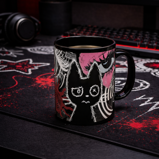Trippy gothic cat ceramic mug 11oz with hypnotic surreal design, black alt aesthetic coffee cup with dark psychedelic cat artwork
