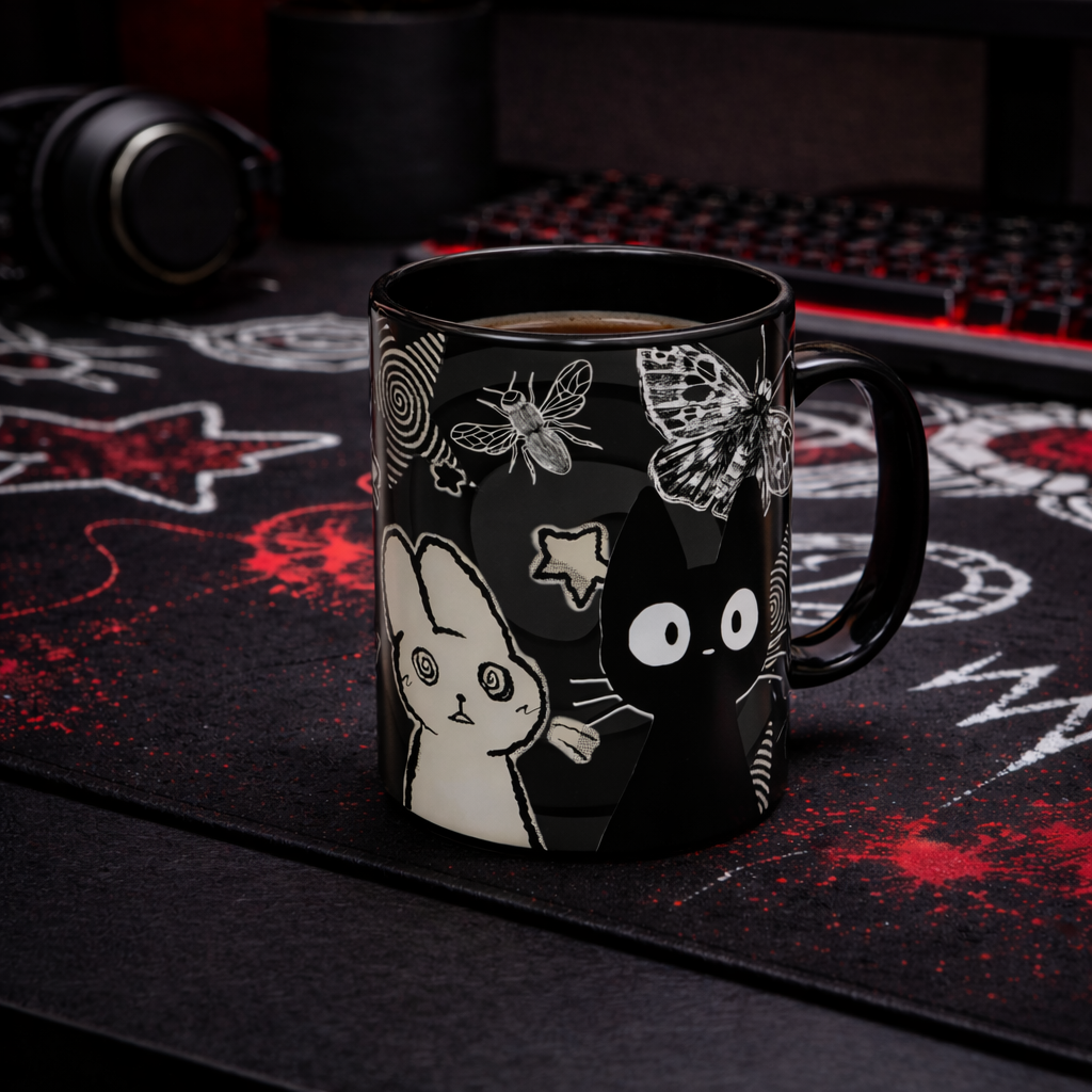 Trippy grunge cat ceramic mug 11oz with alt weirdcore design, surreal cat and bunny artwork in dark psychedelic style, glossy black finish