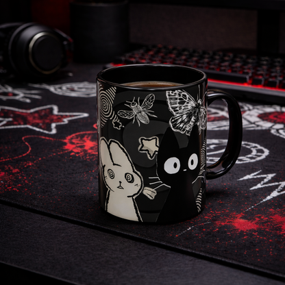 Trippy grunge cat ceramic mug 11oz with alt weirdcore design, surreal cat and bunny artwork in dark psychedelic style, glossy black finish