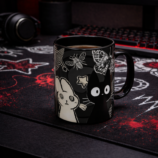 Trippy grunge cat ceramic mug 11oz with alt weirdcore design, surreal cat and bunny artwork in dark psychedelic style, glossy black finish