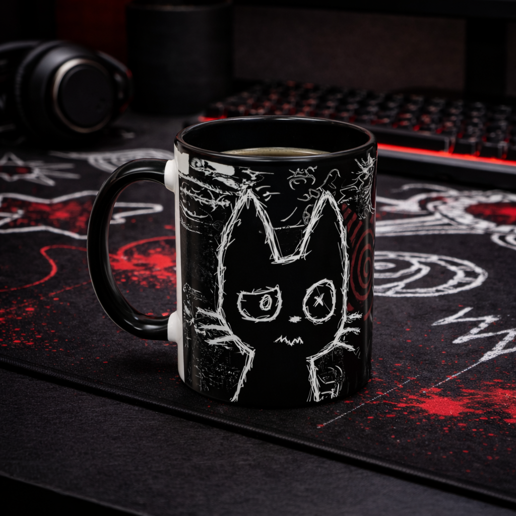 Dark punk cat ceramic mug 11oz with edgy grunge illustration, high-contrast alt aesthetic coffee cup in glossy black finish