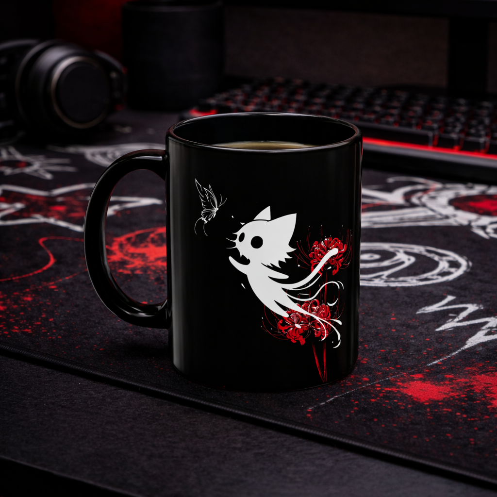 Gothic cat ghost ceramic mug 11oz with dark aesthetic design, spooky cat silhouette and crimson floral artwork in high-contrast black and red