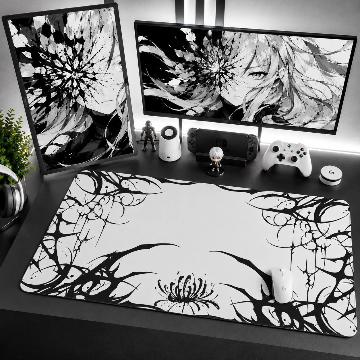Dark Floral Gothic Desk Mat with Black and White Lily Artwork for Gaming Setup