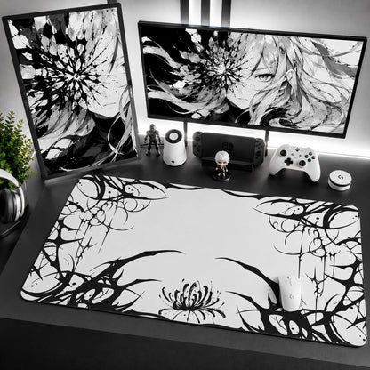 Dark Floral Gothic Desk Mat with Black and White Lily Artwork for Gaming Setup
