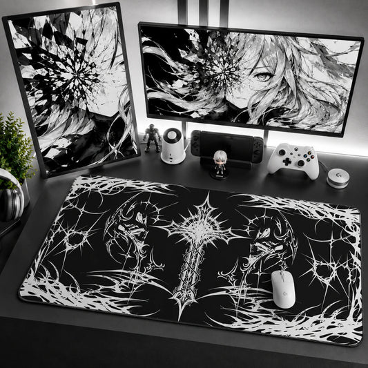 Black and White Gothic Cross Desk Mat with Spider Web Design for Gaming Setup