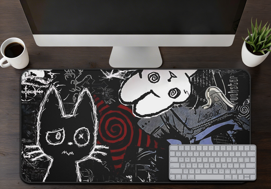 Dark Punk Anime Mousepad XL - Creepy Cat Gaming Desk Mat