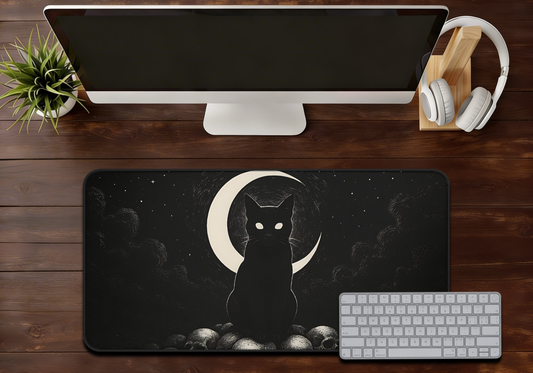 Black Cat Crescent Moon Mousepad - Gothic Desk Mat for Gaming & Office