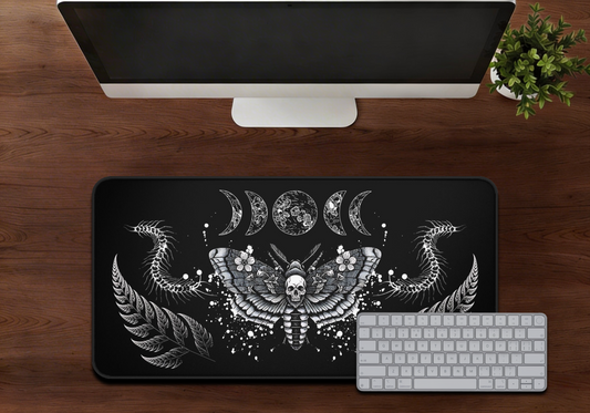Gothic Moth Mousepad - Skull & Moon Phases Desk Mat for Occult Aesthetic