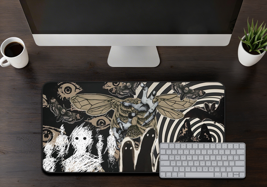 Surreal Gothic Mousepad - Horror Art Desk Mat with Ghosts, Moths & Spirals