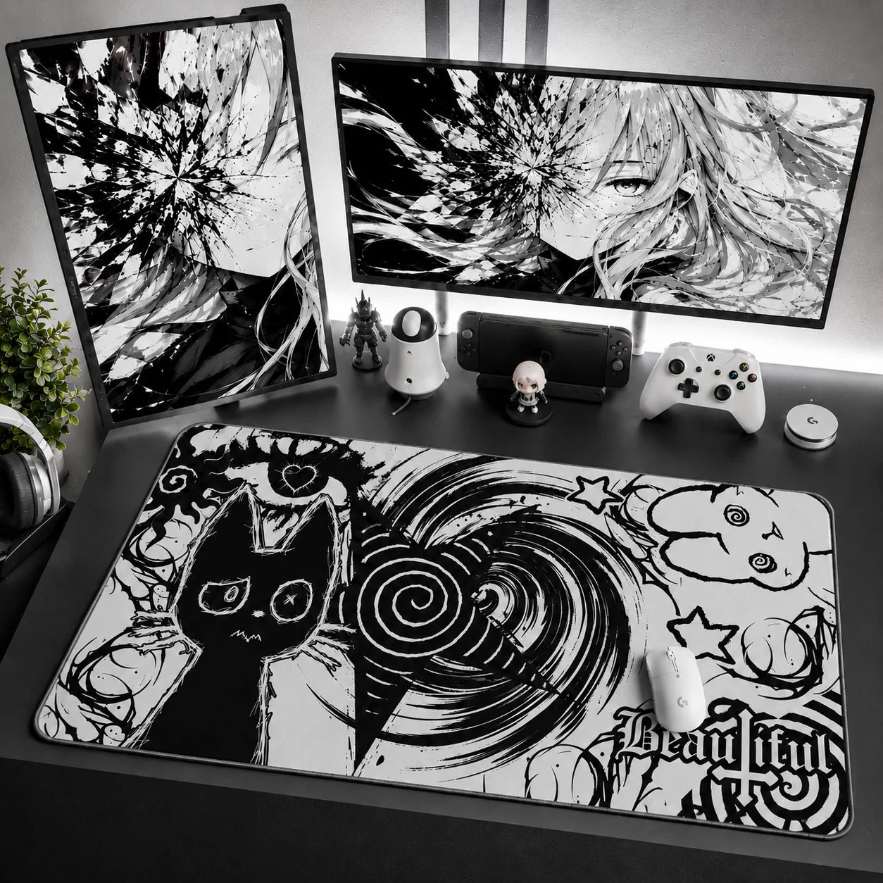 Alt goth cat desk mat black and white – XL gaming mousepad for dark kawaii desk setup