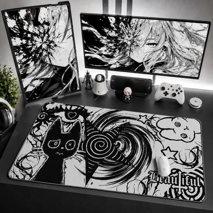 Alt goth cat desk mat black and white – XL gaming mousepad for dark kawaii desk setup