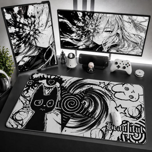 Alt goth cat desk mat black and white – XL gaming mousepad for dark kawaii desk setup