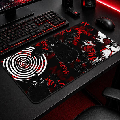 Angry cat mouse pad, gothic black desk mat for gaming setup