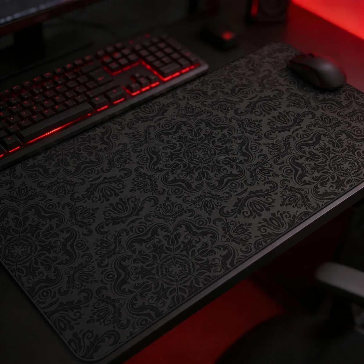 Black gothic damask gaming mousepad with elegant dark floral pattern, oversized desk mat for gothic gaming setup and minimalist black aesthetic workspace
