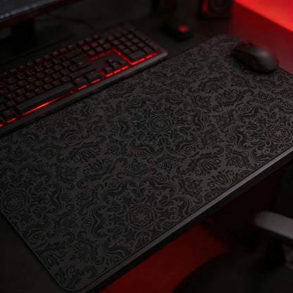 Black gothic damask gaming mousepad with elegant dark floral pattern, oversized desk mat for gothic gaming setup and minimalist black aesthetic workspace