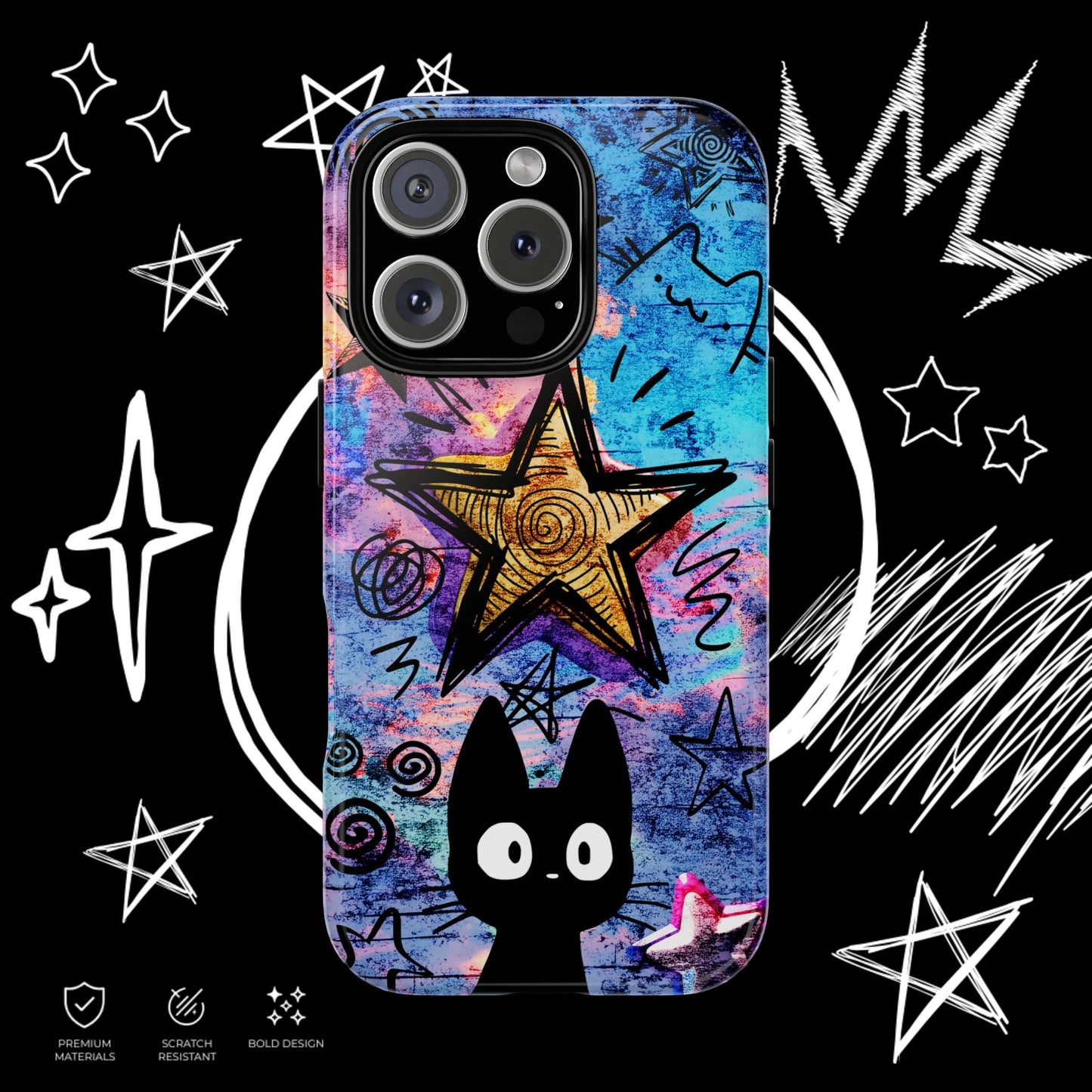 Colorful kawaii cat phone case with artistic star design, blue pink aesthetic and indie style