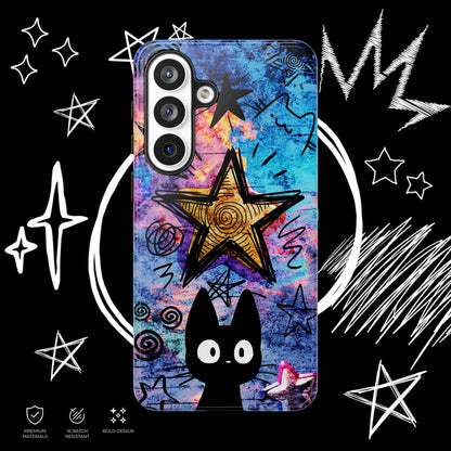 Cute black cat phone case featuring pastel grunge background, doodle stars and alternative aesthetic
