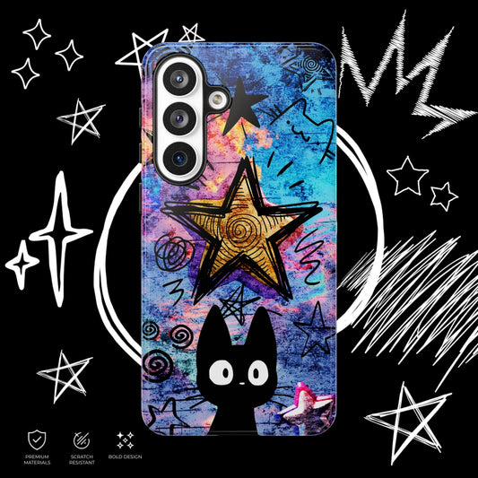 Cute black cat phone case featuring pastel grunge background, doodle stars and alternative aesthetic