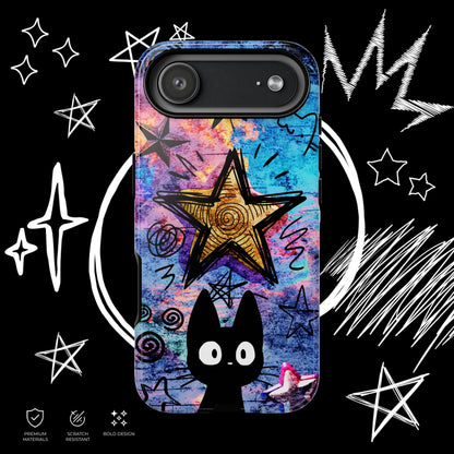 Indie cat phone case featuring sketch stars, colorful artistic texture and cute black cat design