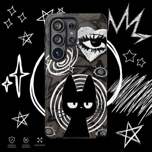 Gothic black cat phone case with mystical eye design, dark alternative aesthetic smartphone cover
