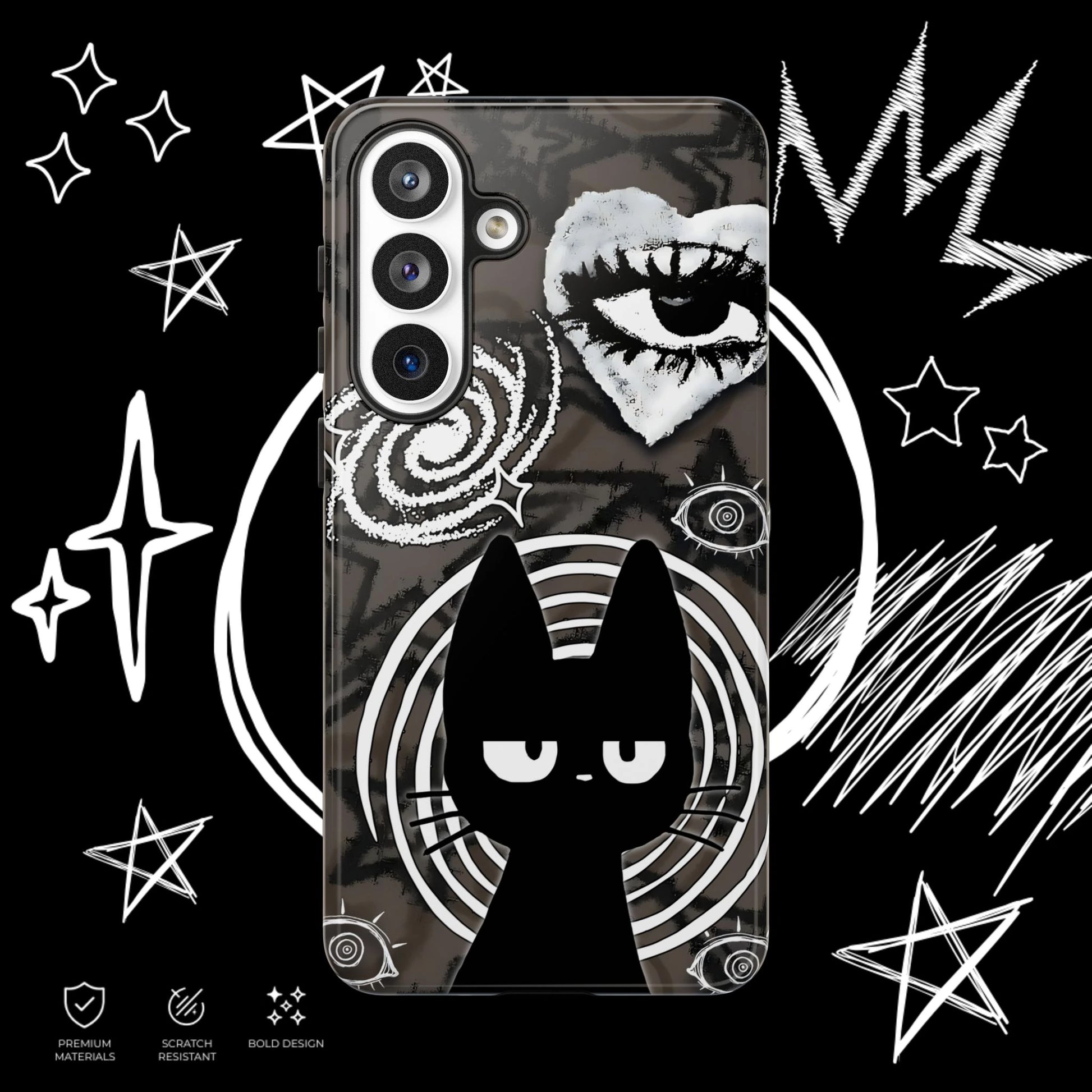 Black cat phone case featuring surreal eye artwork and grunge gothic aesthetic protective cover