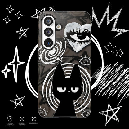 Black cat phone case featuring surreal eye artwork and grunge gothic aesthetic protective cover